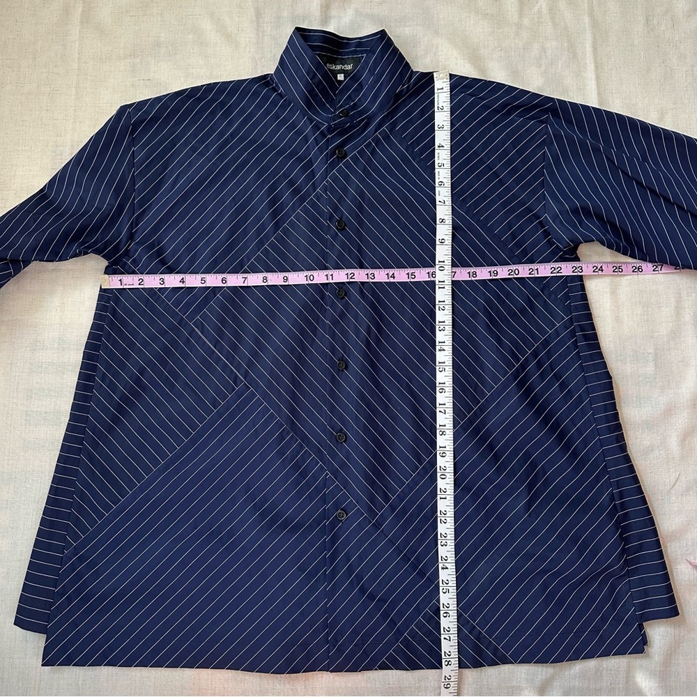 Eskandar Double Stand Collar Botton Shirt Navy Stripe Patchwork Cotton Luxury - Picture 11 of 13